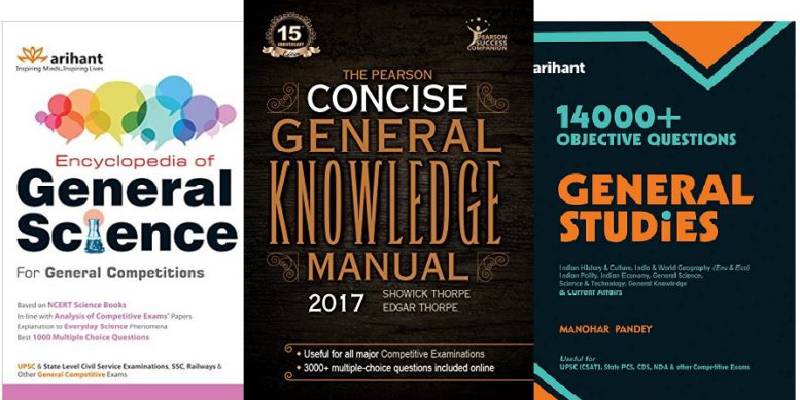 Three books of General Science, General Knowledge and General Studies for UPSC exam.