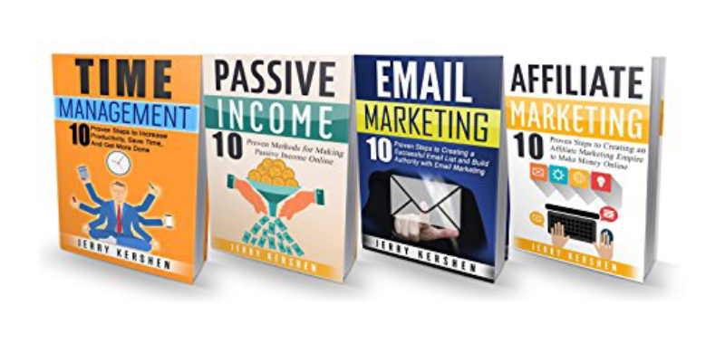 Four Books On Display In A White Background About Online Marketing.